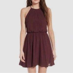 Lush Burgundy Blouson Chiffon Skater Keyhole Back Night Out Dress Medium EUC